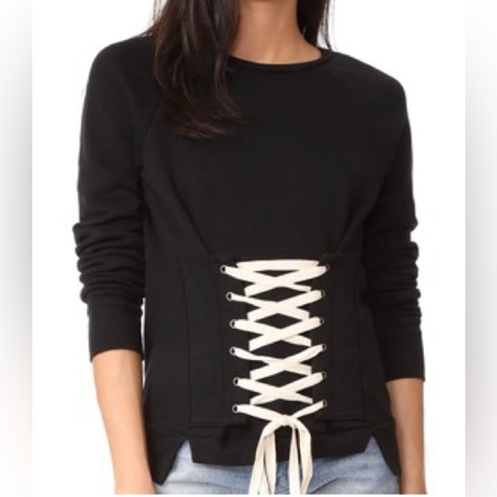 NSF black sweatshirt with white corset tie front. Size xs